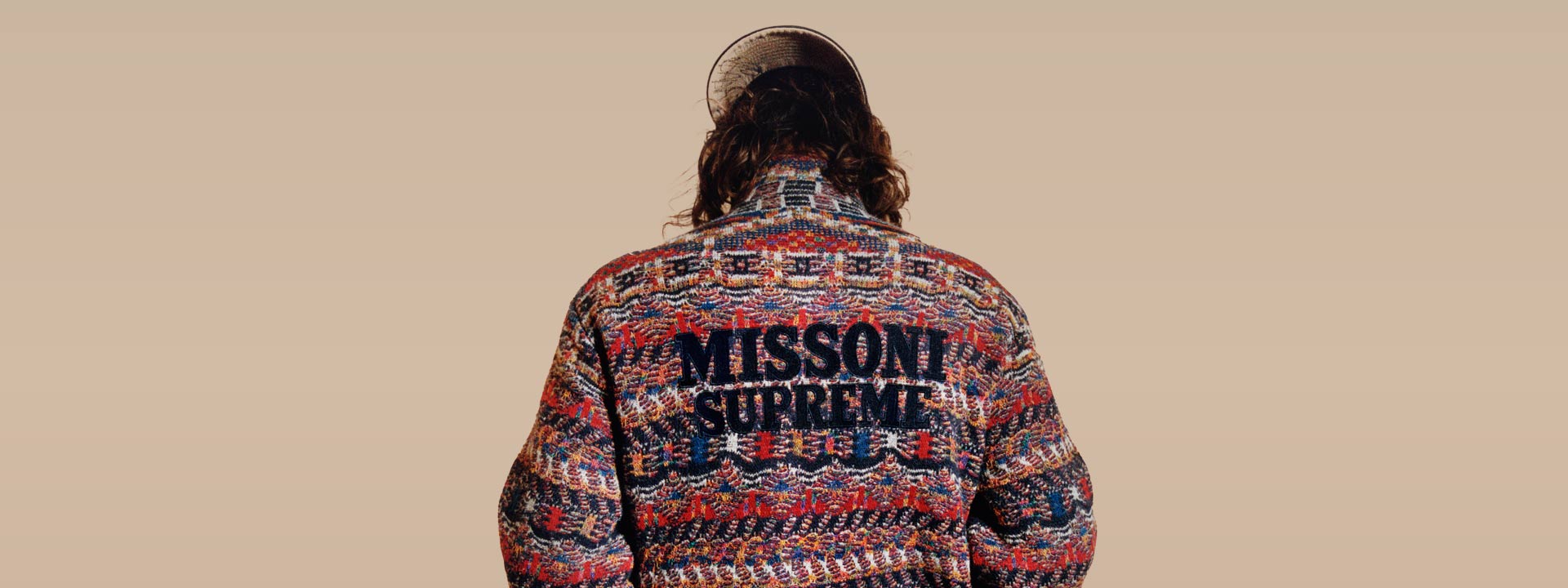 The model wears jacket and hat, from the new Supreme X Missoni Collaboration