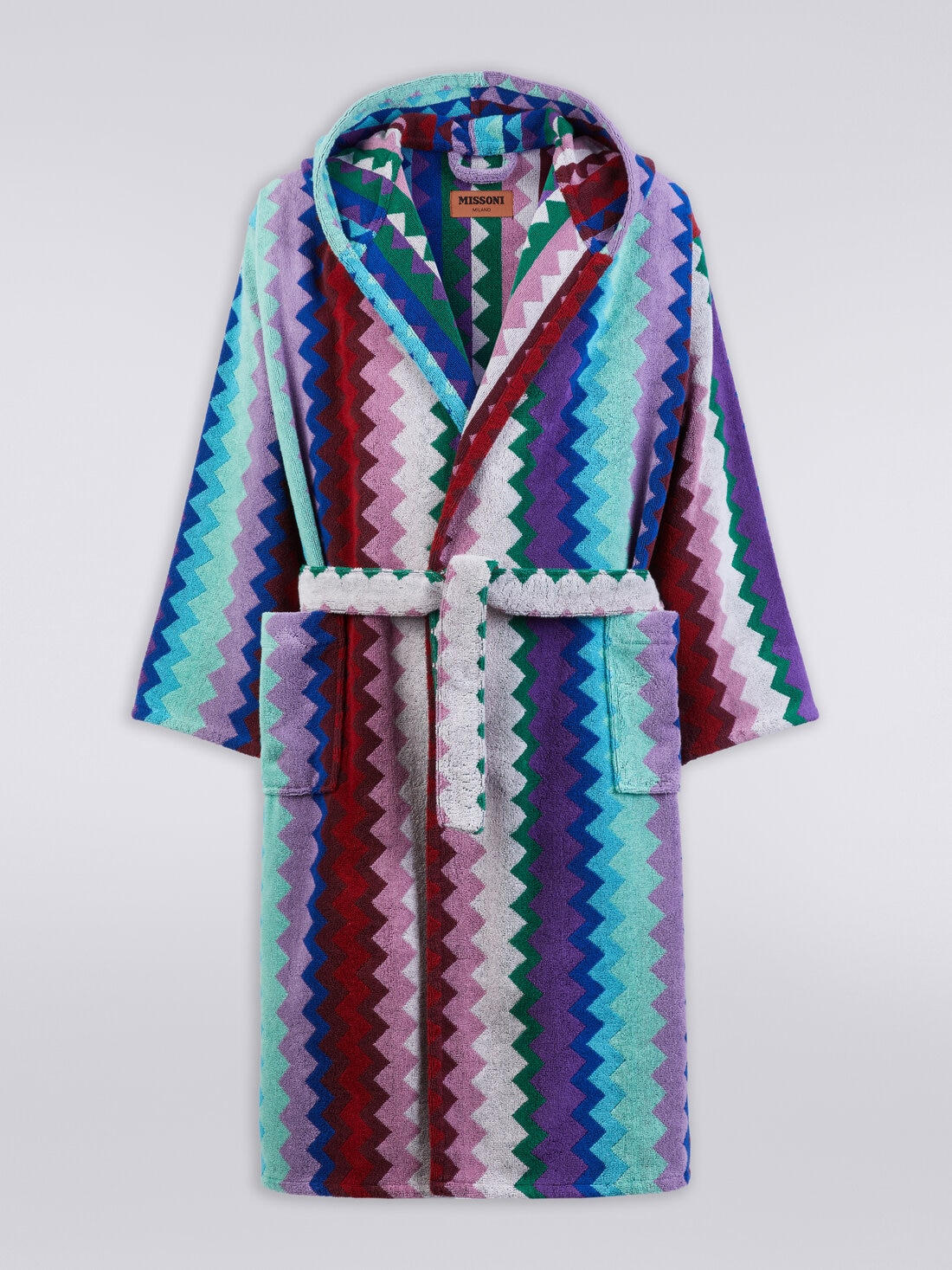 Long Chantal chevron cotton terry hooded bathrobe, Multicoloured  - 1C3AC99749100 - 0