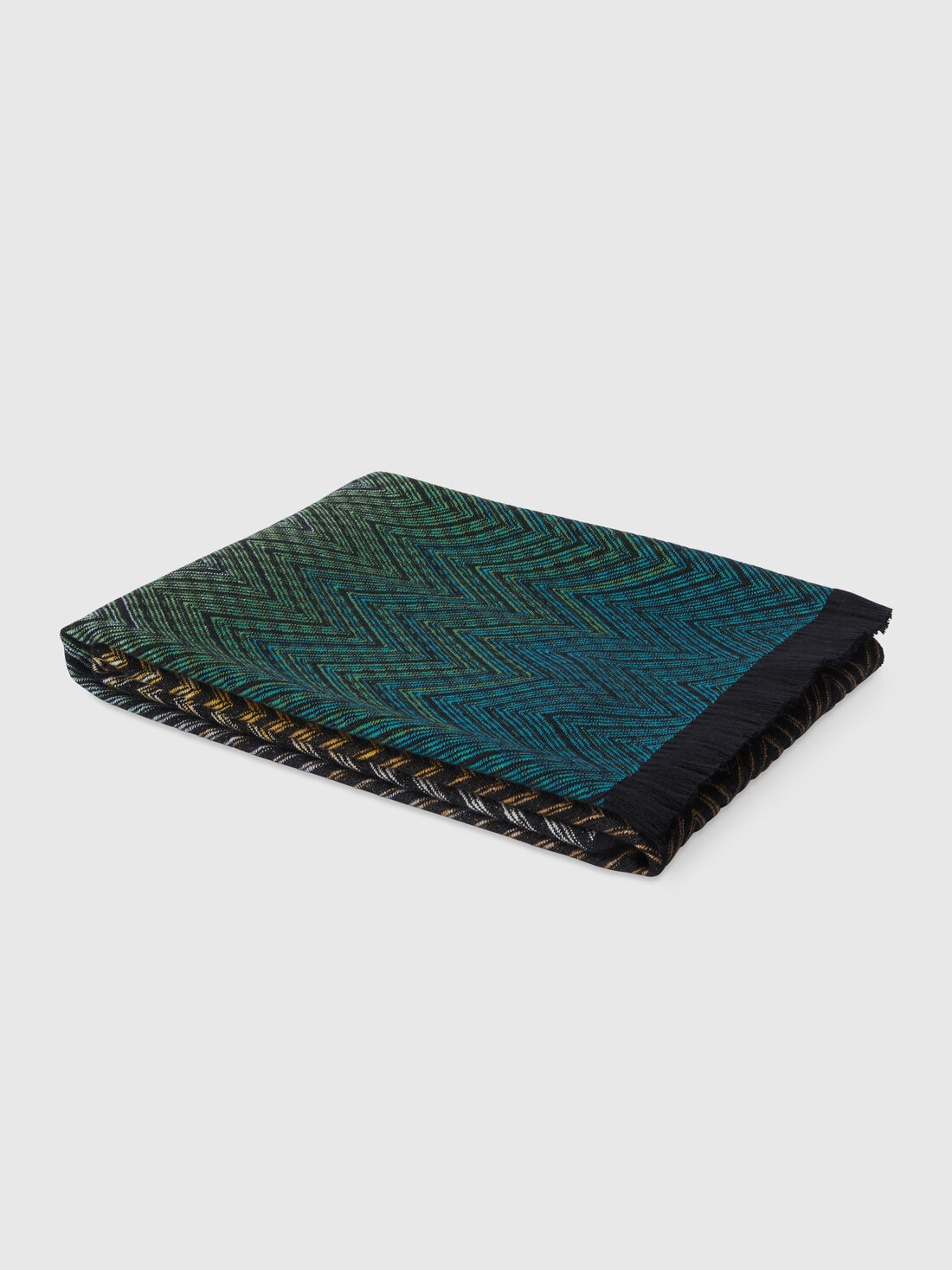 Plaid blanket 135x195 cm chevron wool blend with fringes, Black    - 8053147108964 - 0