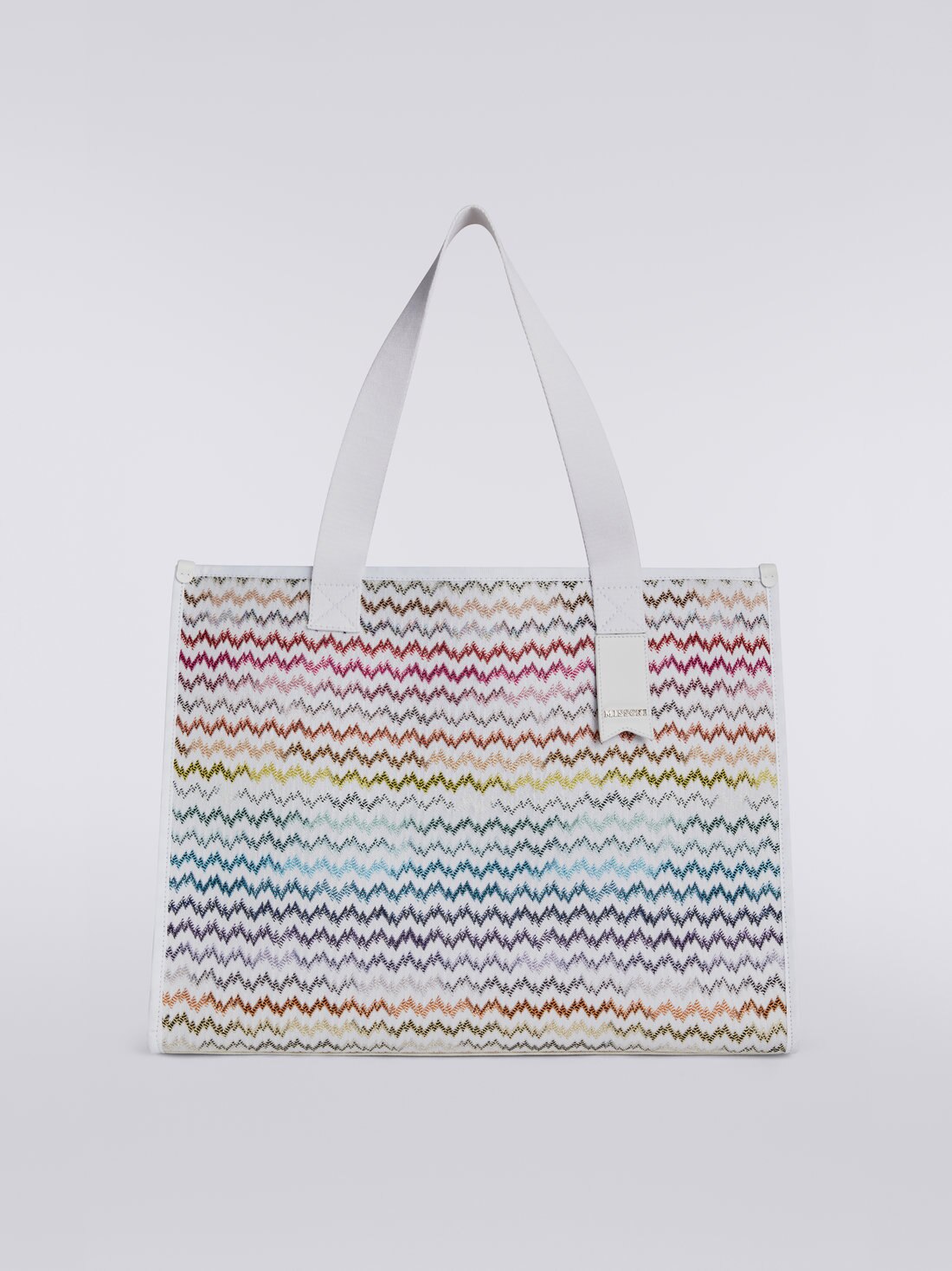 Shopper in maglia effetto pizzo multicolore con dettaglio logato, Multicolore - 8051575777066 - 0