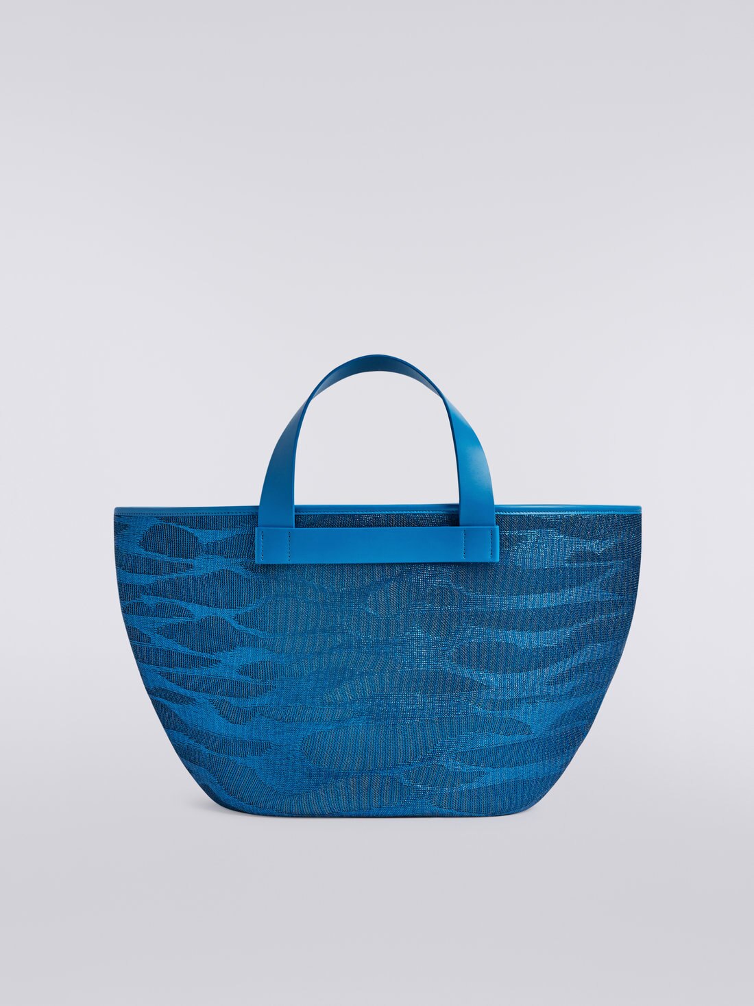 Jacquard viscose knit tote with leather handles, Blue - 8051575966187 - 2