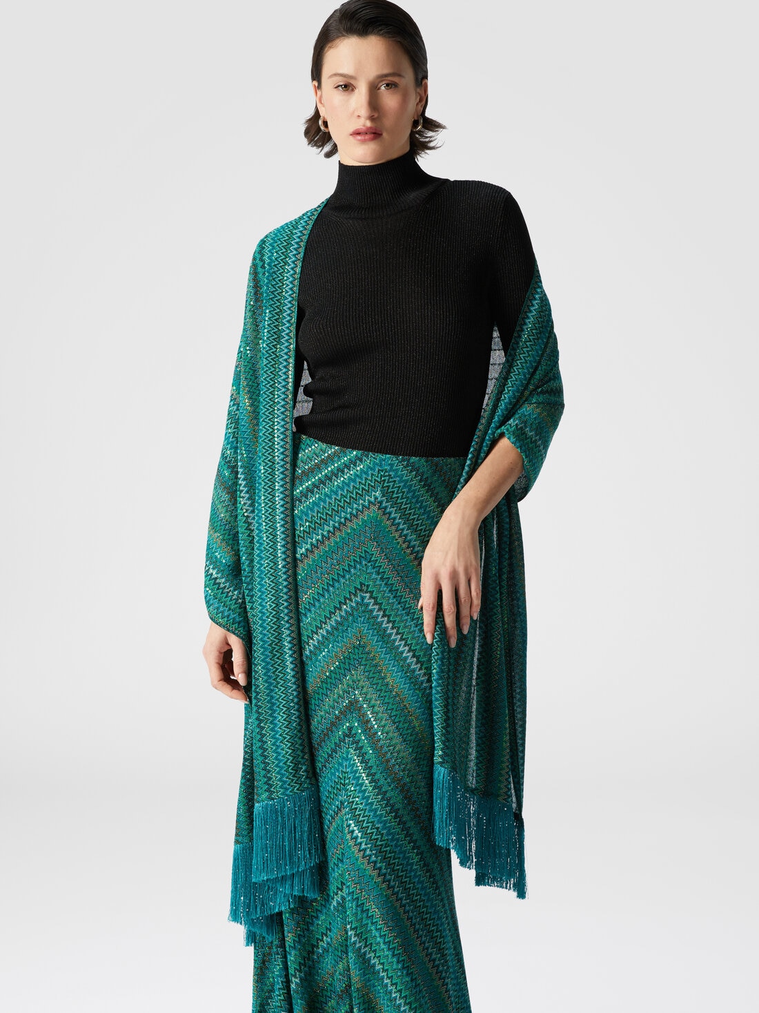 Viscose stole in zig zag lamé with sequins and fringes, Multicoloured  - 8053147227078 - 2