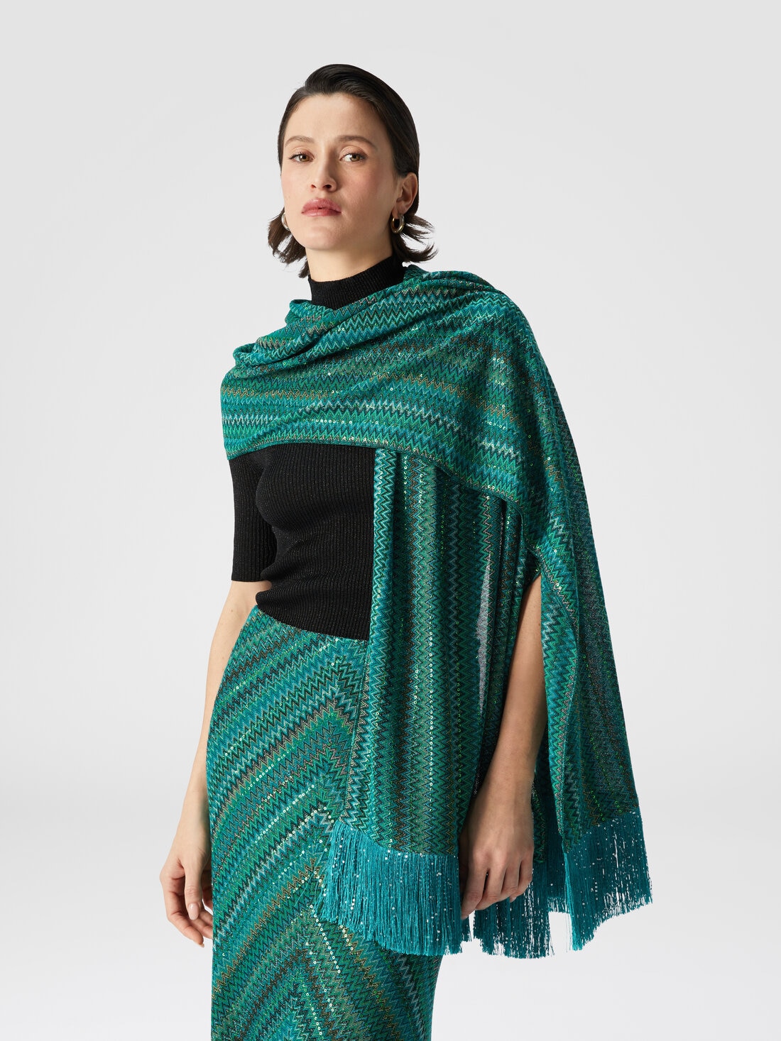 Viscose stole in zig zag lamé with sequins and fringes, Multicoloured  - 8053147227078 - 3