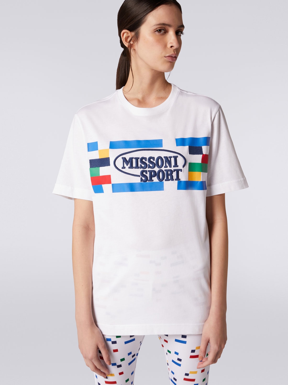 Tシャツ ラウンドネック コットン ロゴ＆コントラストカラーのパイピング付き ホワイト＆マルチカラーヘリテージ | Missoni