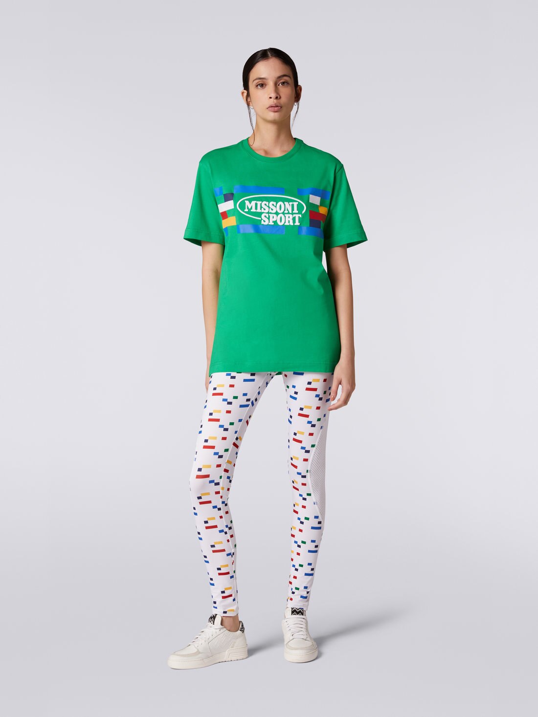 Crew-neck cotton T-shirt with logo and contrasting piping, Green & Multicoloured  - 8051575740053 - 1