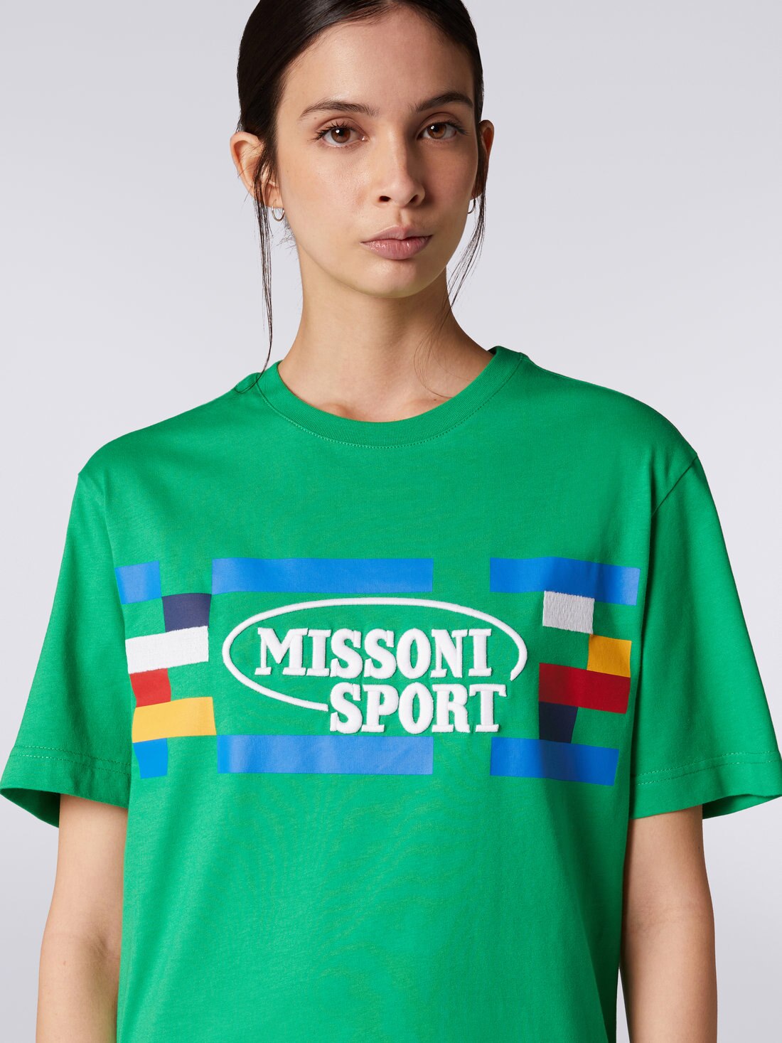 Crew-neck cotton T-shirt with logo and contrasting piping, Green & Multicoloured  - 8051575740053 - 4