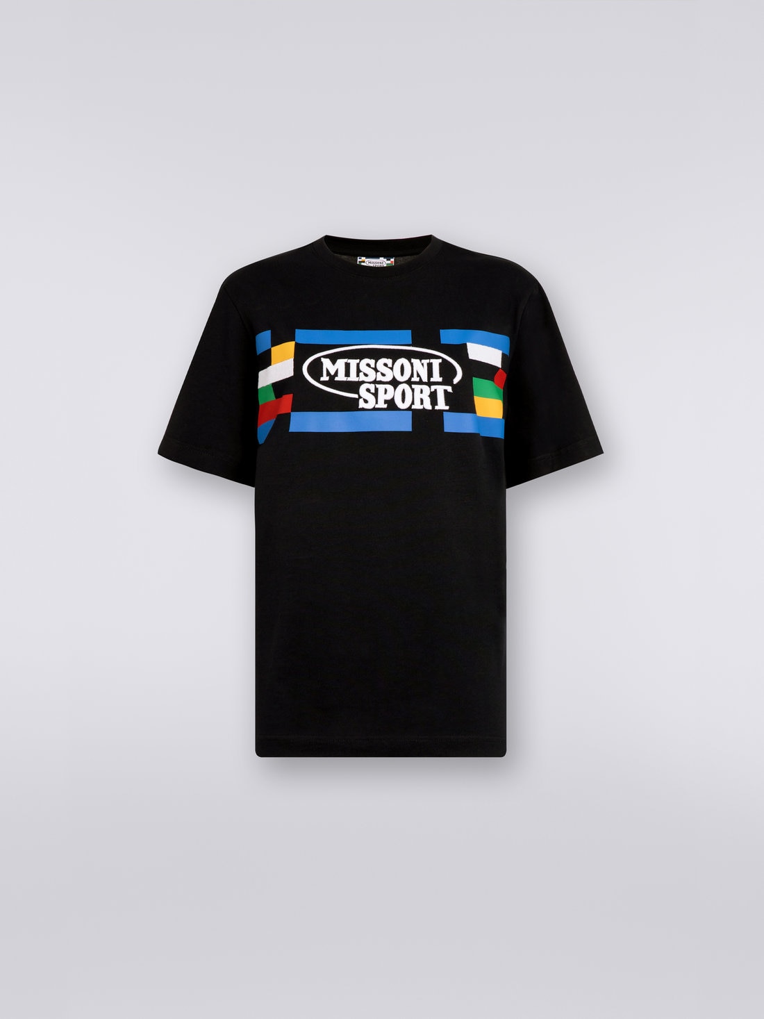 Crew-neck cotton T-shirt with logo and contrasting piping, Black & Multicoloured  - 0