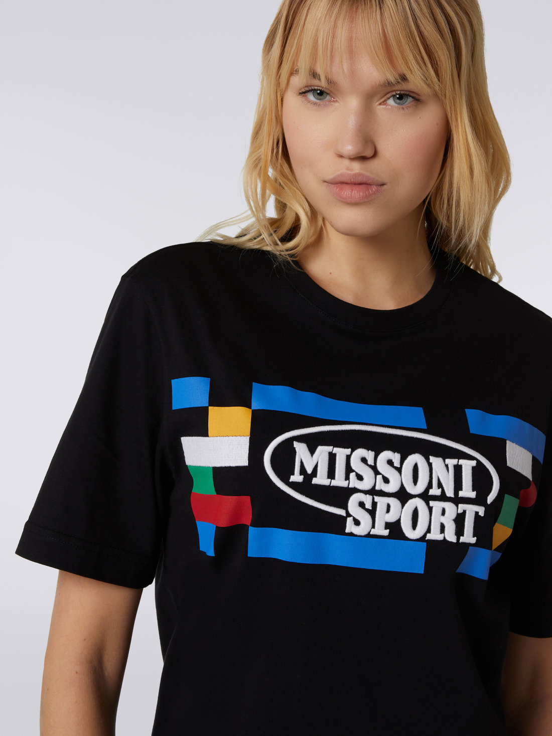 Crew-neck cotton T-shirt with logo and contrasting piping, Black & Multicoloured  - 4