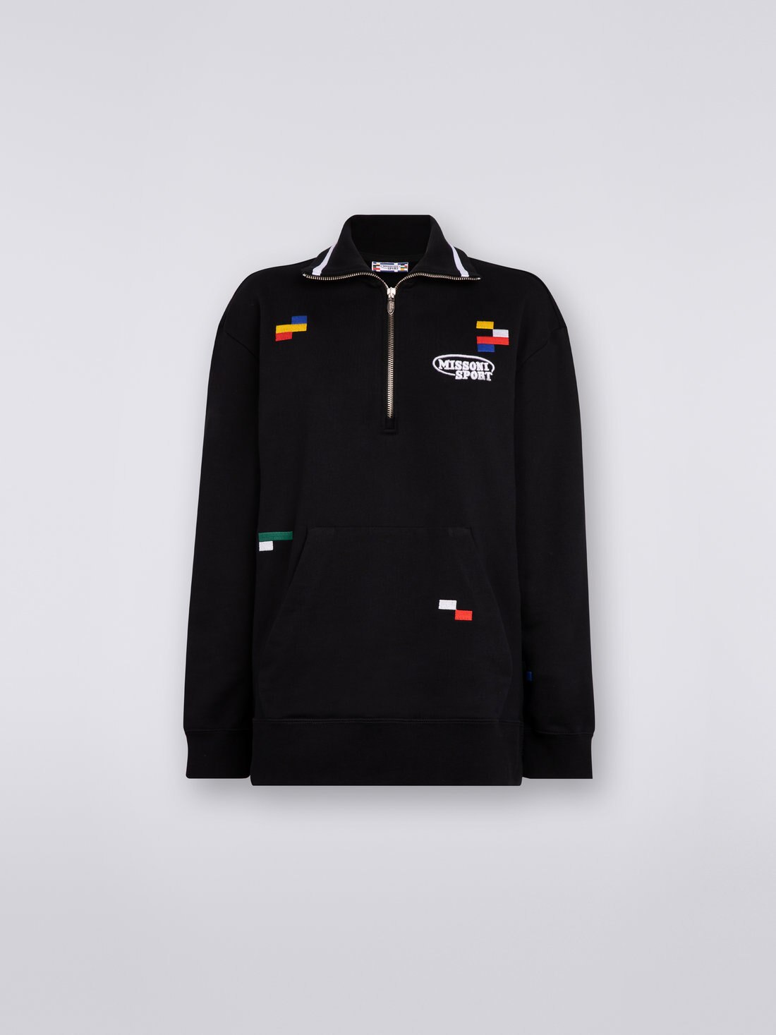 Cotton half-zip sweatshirt with multicoloured pixel details, Black & Multicoloured  - 0