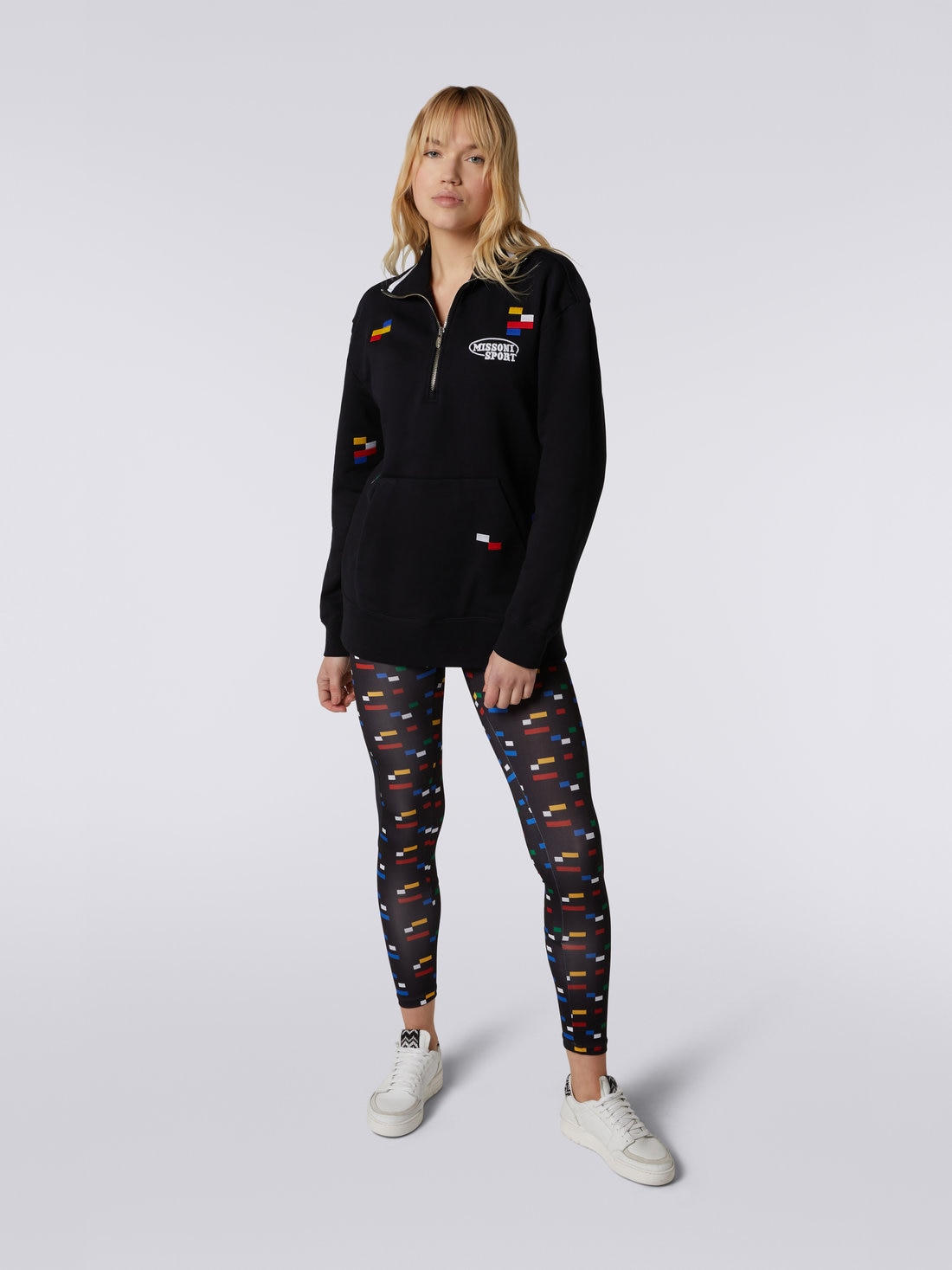 Cotton half-zip sweatshirt with multicoloured pixel details, Black & Multicoloured  - DC23SW02BJ00EES91E6 - 1
