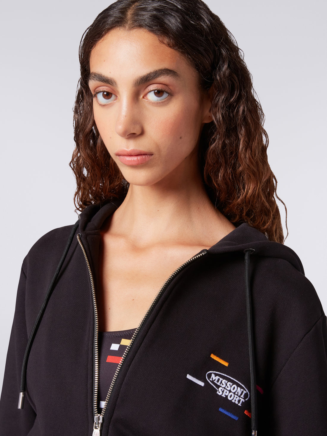 Full zip hooded sweatshirt with knitted bands Black