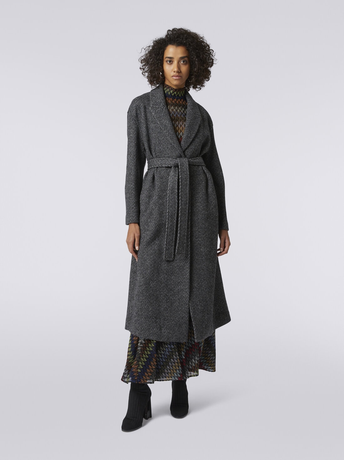 Wool coat with herringbone pattern, Black    - DC23WC00BT003OS91HG - 1