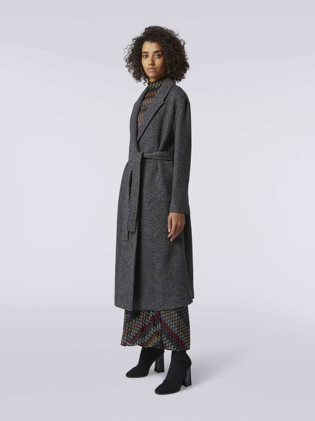Wool coat with herringbone pattern, Black    - DC23WC00BT003OS91HG - 2