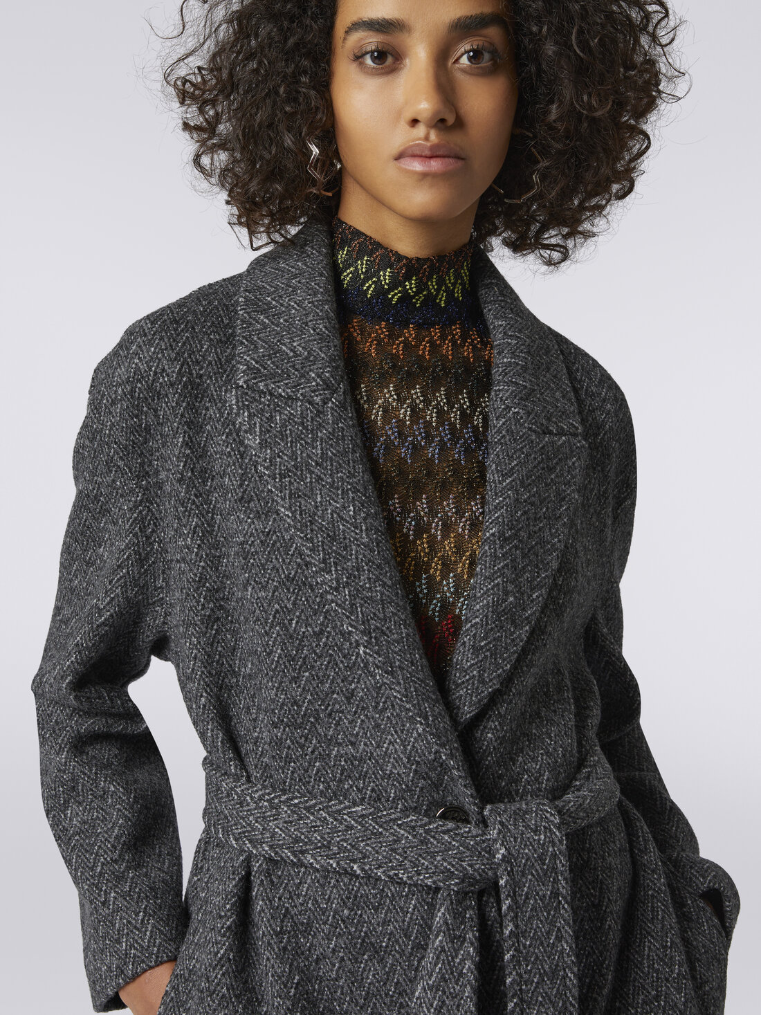 Wool coat with herringbone pattern, Black    - DC23WC00BT003OS91HG - 4