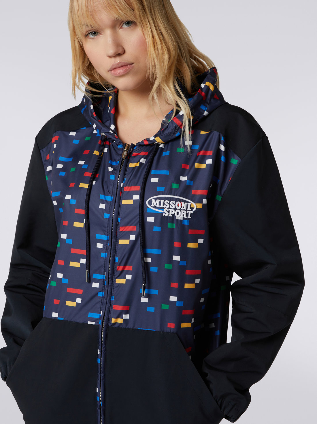 Hooded windbreaker with pixel print, Navy Blue  - 8051575749605 - 4