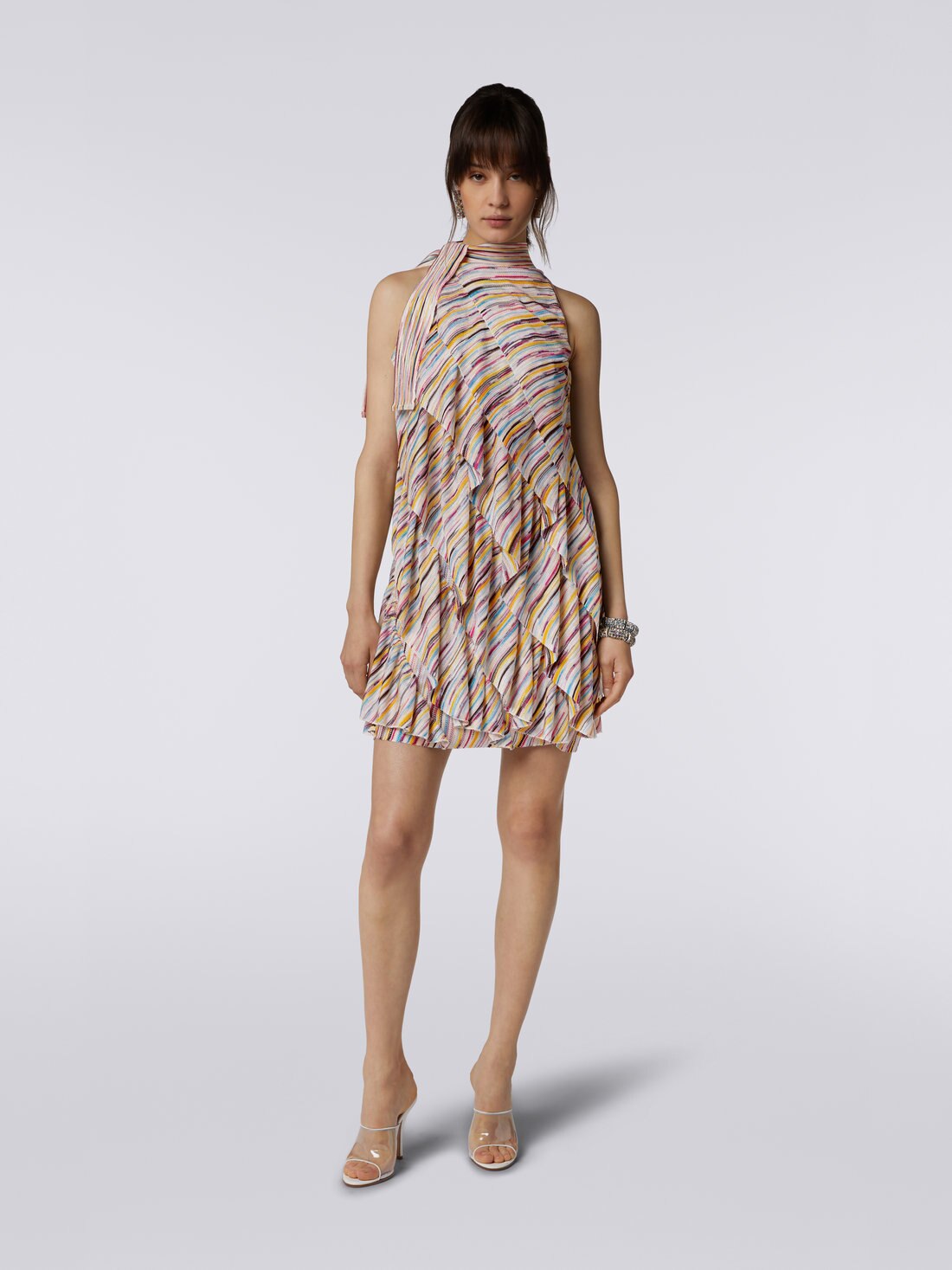 Vestido mini de punto con volantes y lazo en el cuello, Multicolor  - 8051575756504 - 1