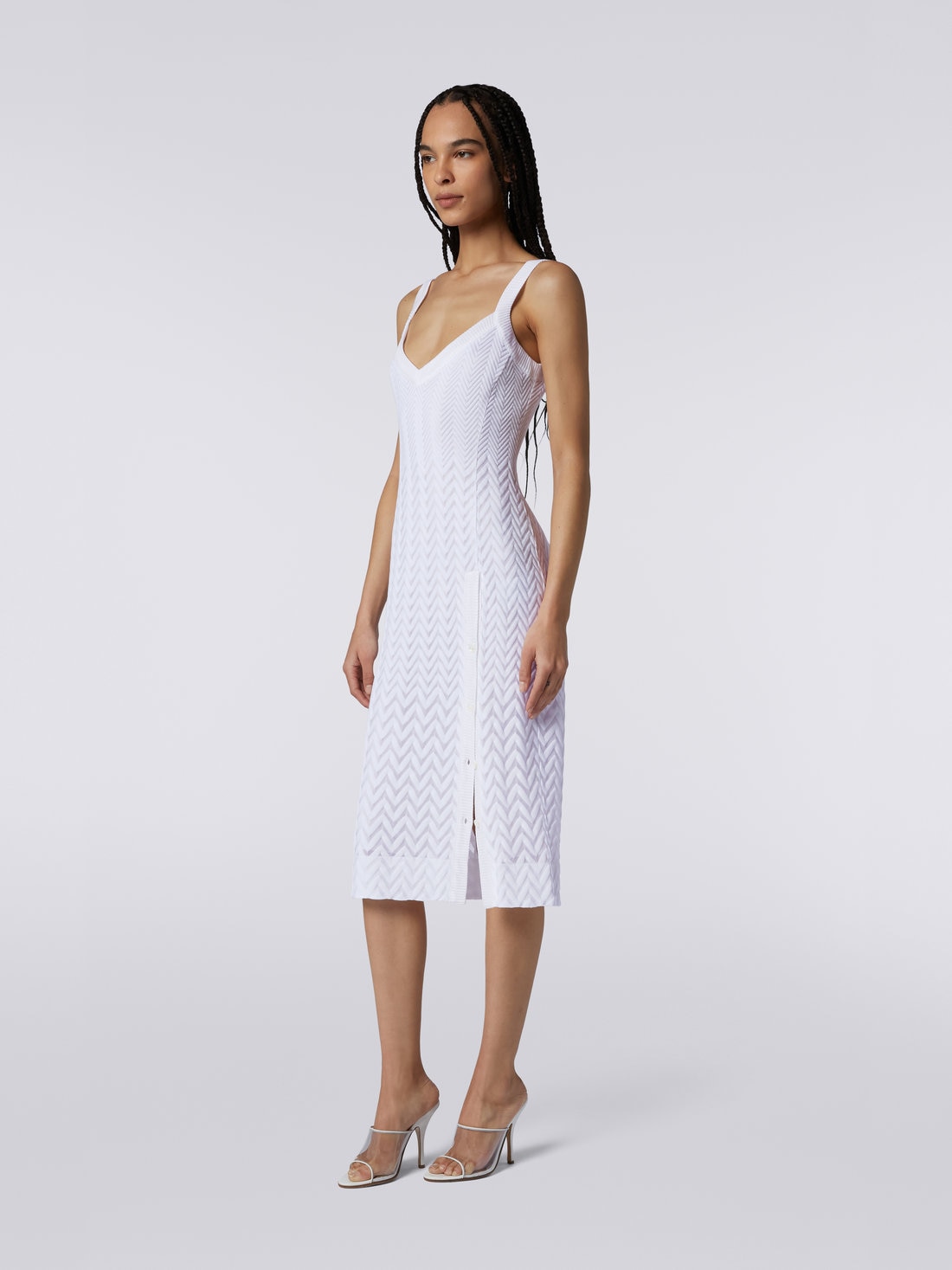 Ärmelloses Longuette-Kleid aus Baumwolle und Viskose mit seitlicher Knopfleiste, Weiß  - DS23SG0RBR00JE14001 - 2