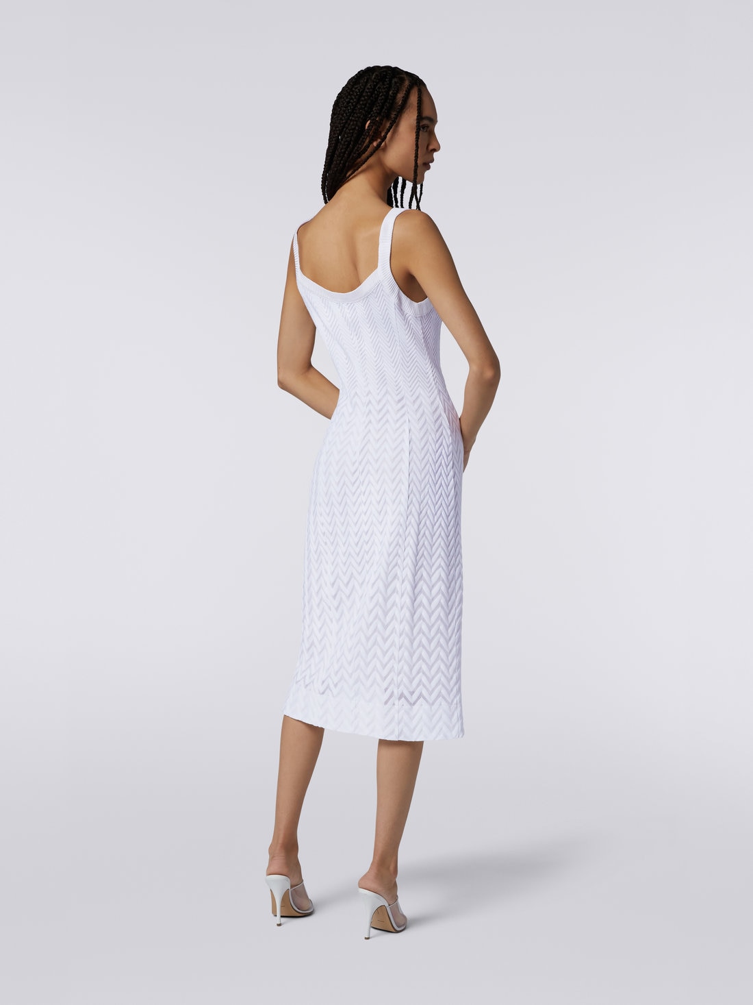 Ärmelloses Longuette-Kleid aus Baumwolle und Viskose mit seitlicher Knopfleiste, Weiß  - 3