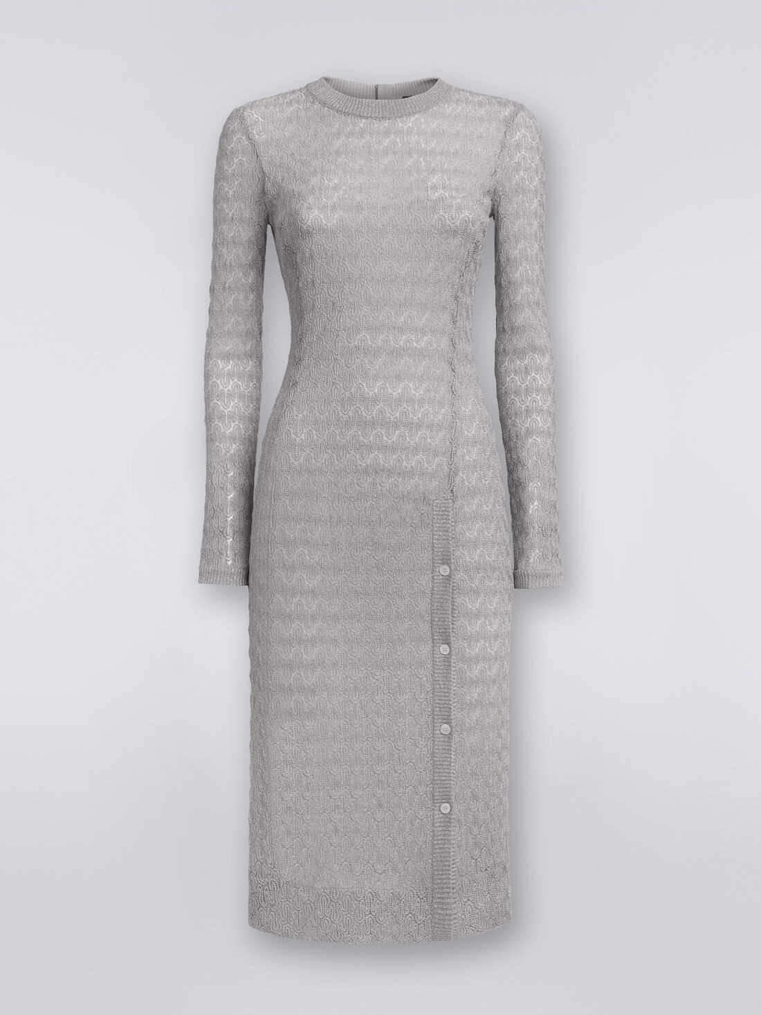 Lace-effect longuette dress with lamé, Silver & Grey Lamé - DS23SG1NBR00JVS91D8 - 0