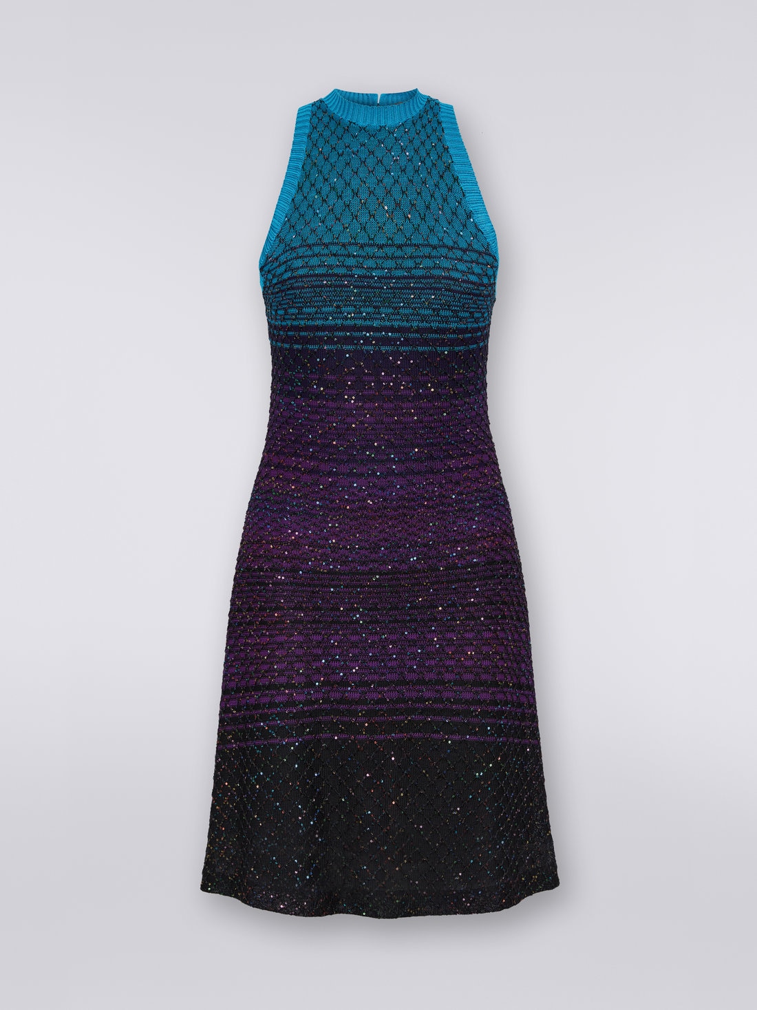 Sleeveless mesh dress with sequins, Turquoise, Purple & Black - DS23SG28BK022ISM8NJ - 0