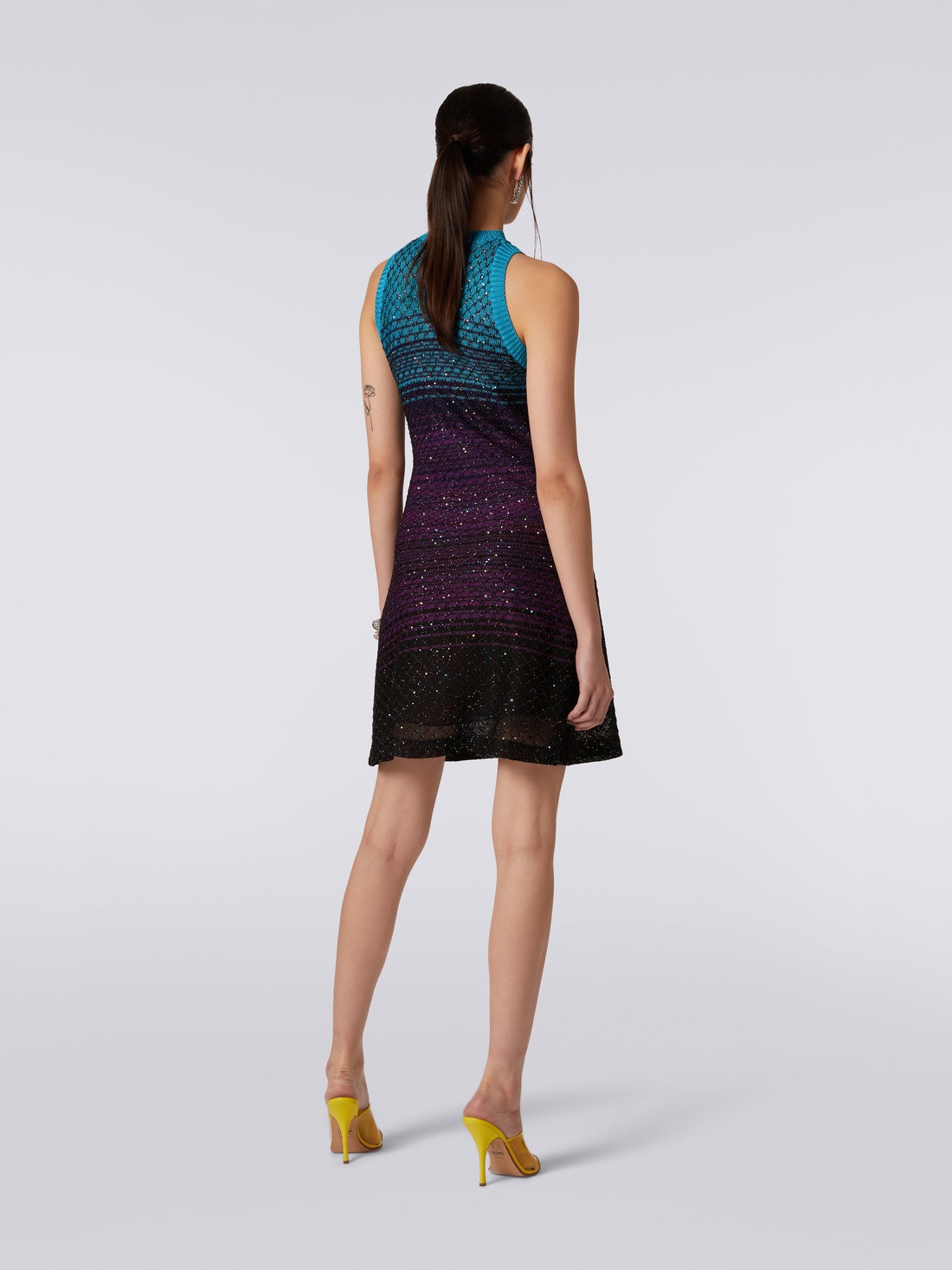 Sleeveless mesh dress with sequins, Turquoise, Purple & Black - DS23SG28BK022ISM8NJ - 3