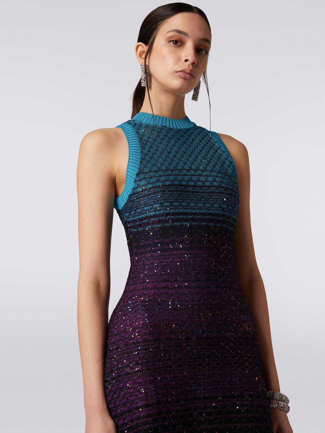 Sleeveless mesh dress with sequins, Turquoise, Purple & Black - DS23SG28BK022ISM8NJ - 4