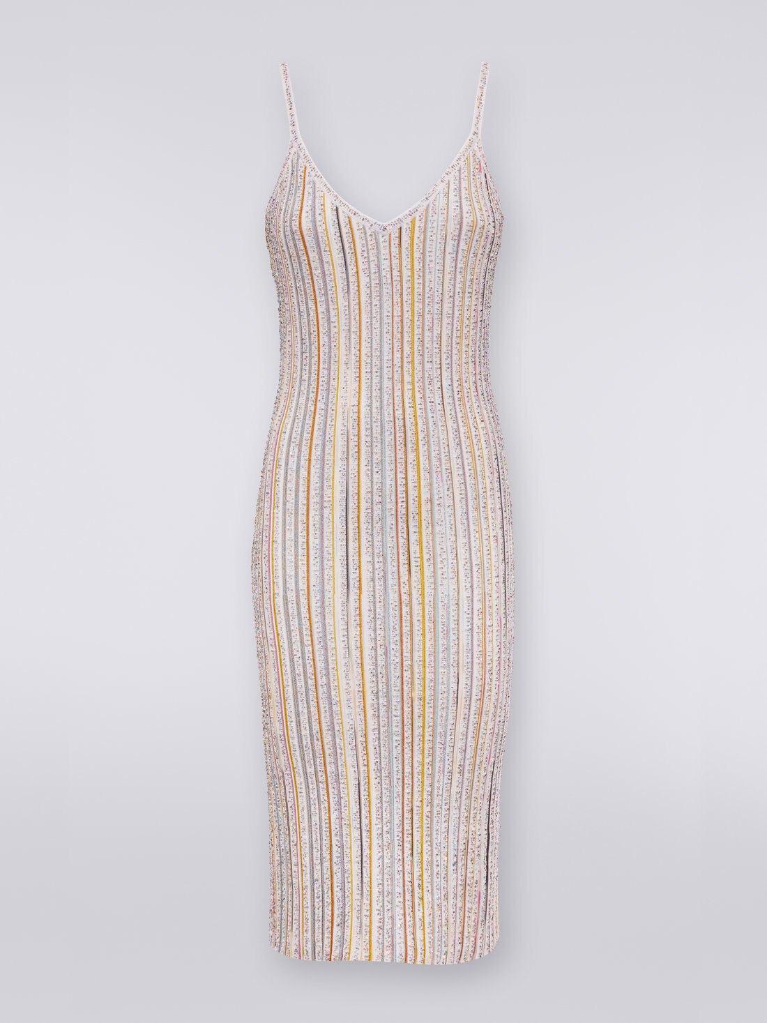 Striped fitted dress with sequins, White & Multicoloured   - DS23SG2CBK023QS0178 - 0