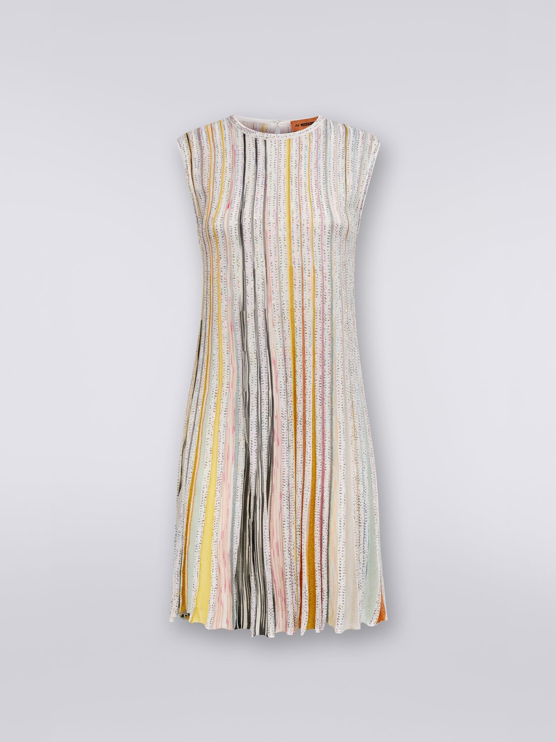 Pleated sleeveless mini-dress with sequins, White & Multicoloured   - DS23SG2FBK023RS0178 - 0