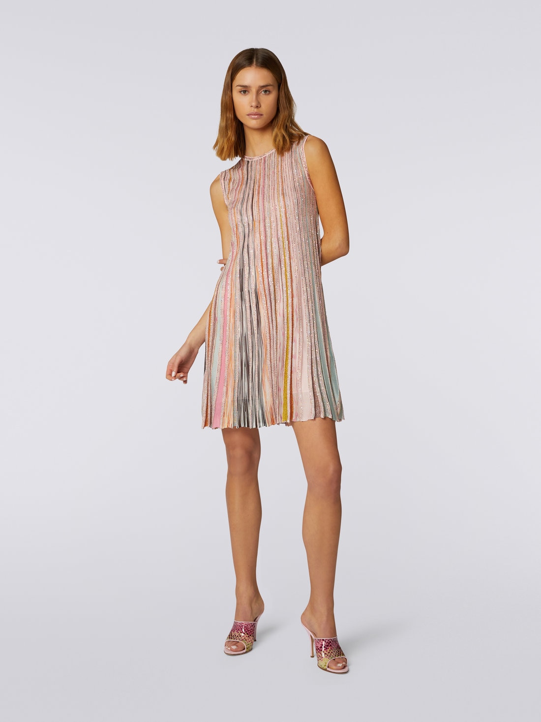 Pleated sleeveless mini-dress with sequins, Pink & Multicoloured - DS23SG2FBK023RS30B0 - 1