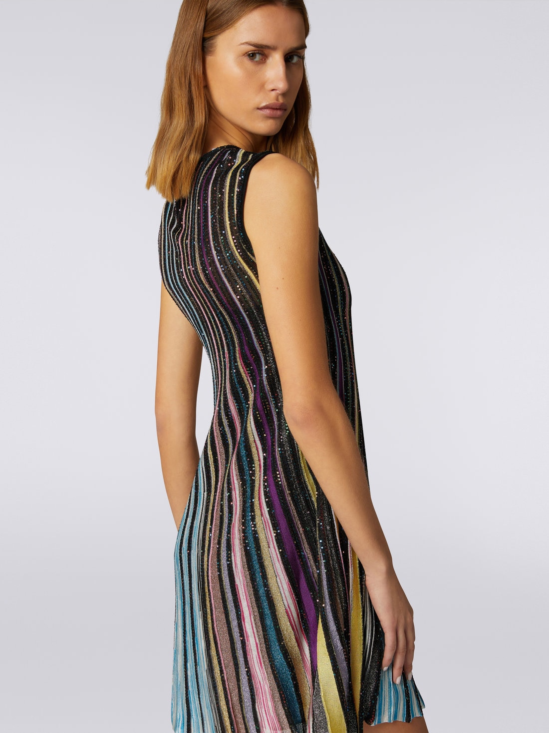 Pleated sleeveless mini-dress with sequins, Black & Multicoloured - DS23SG2FBK023RS91E3 - 4