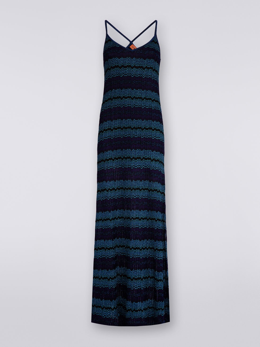 Langes Kleid aus Jacquard mit Lurex, Blau, Türkis & Schwarz - DS23SG2GBK022FS729E - 0