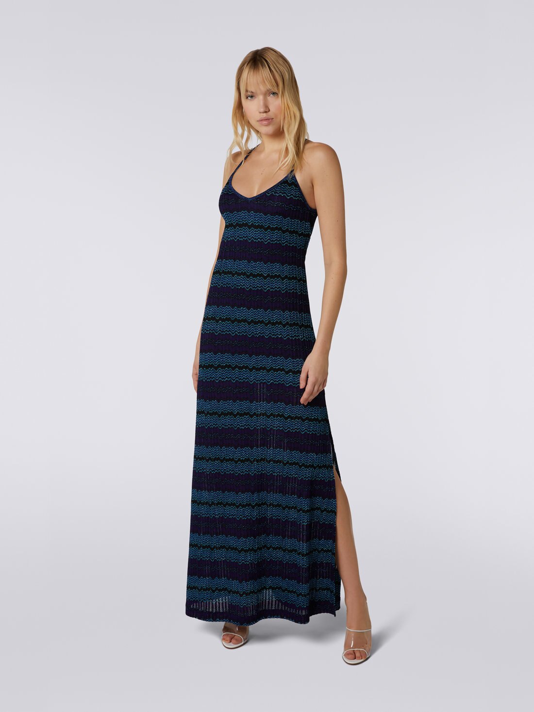 Langes Kleid aus Jacquard mit Lurex, Blau, Türkis & Schwarz - DS23SG2GBK022FS729E - 1