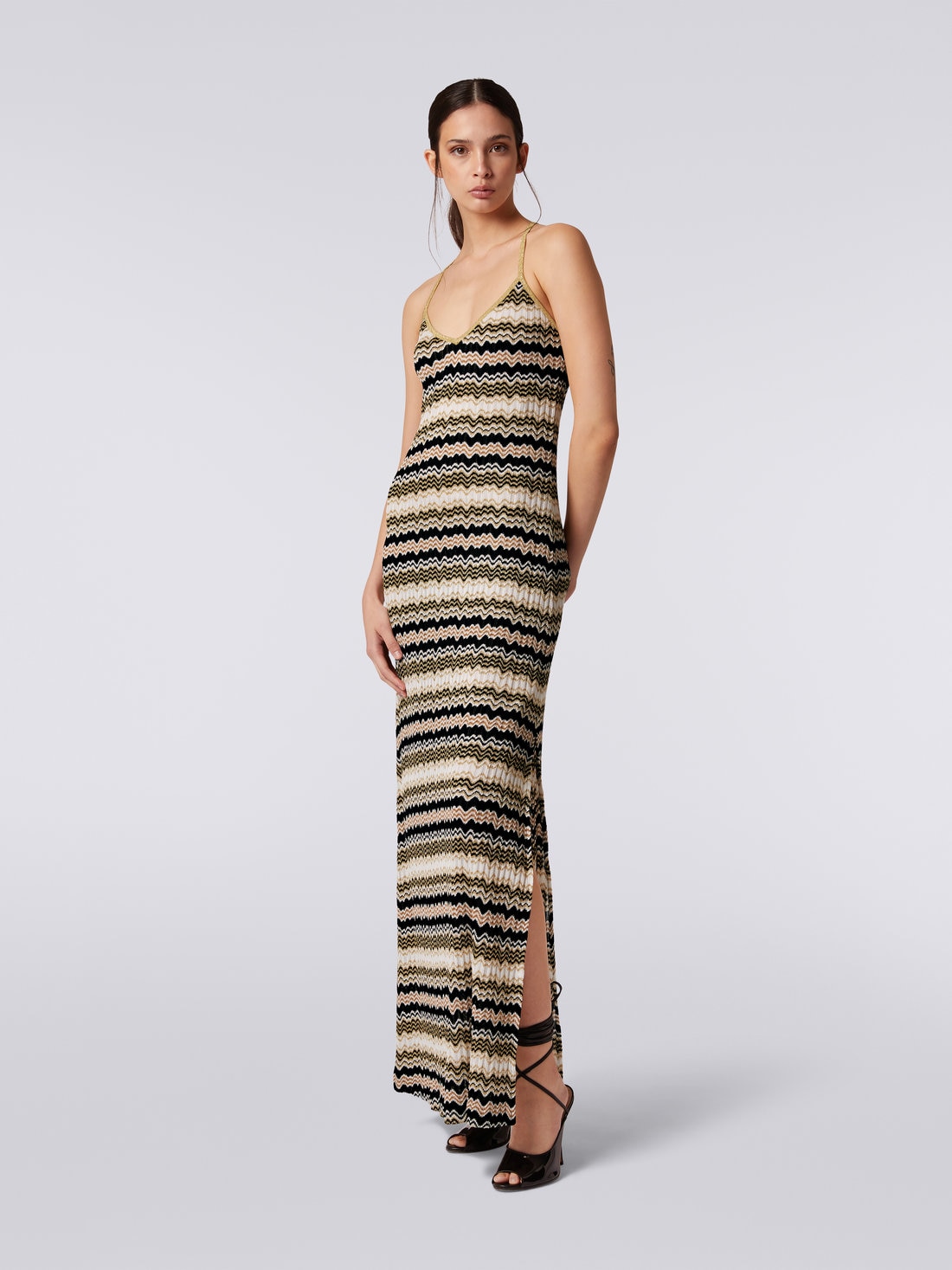 Jacquard long dress with Lurex, White, Black & Gold - 8051575693724 - 2