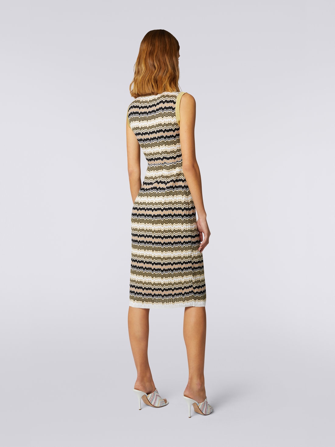 Sleeveless ribbed longuette dress with lam White Black Gold