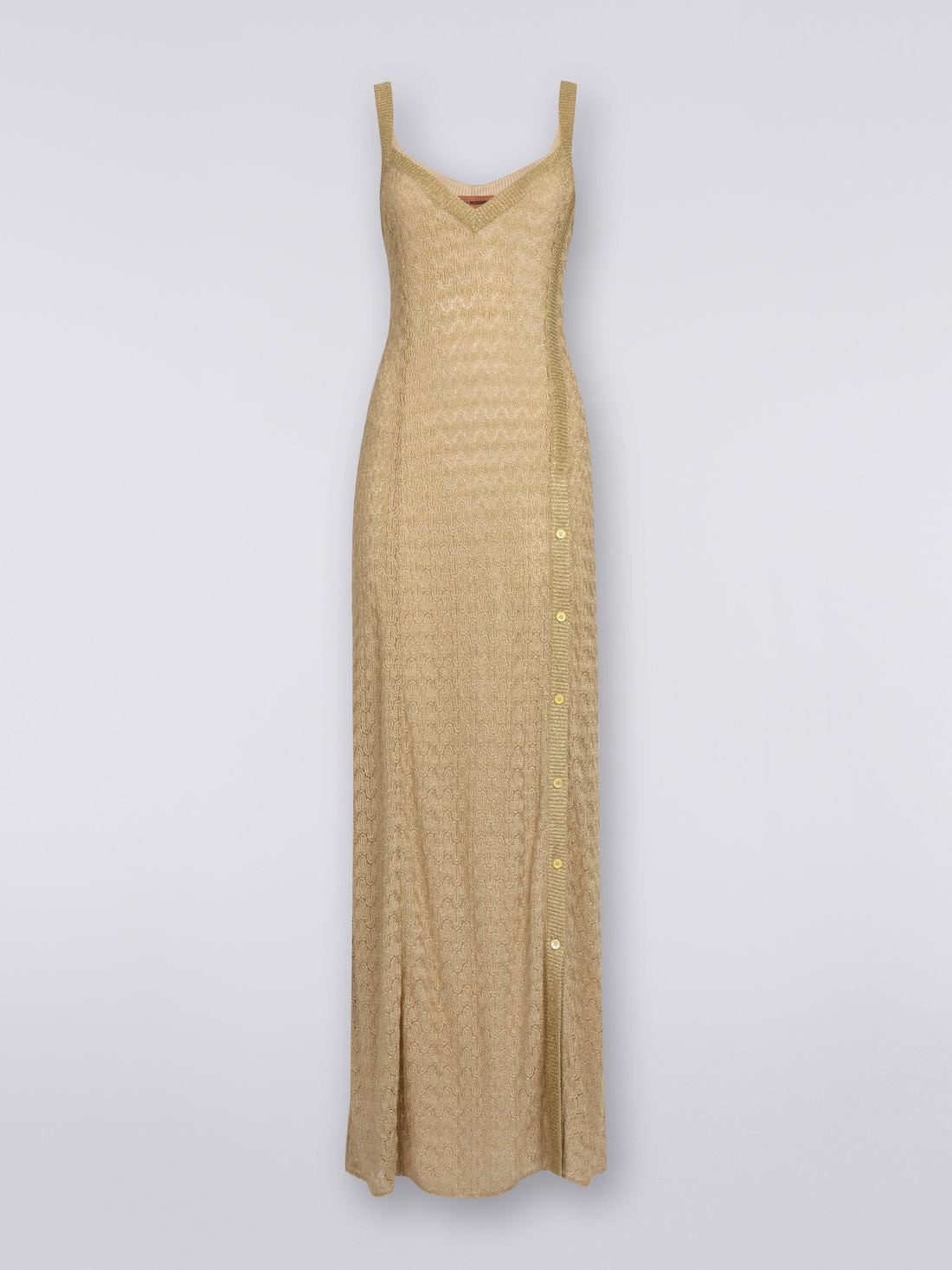 Long viscose blend lace dress with lamé, Ochre & Yellow Lamé - DS23SG3TBR00JVS109F - 0