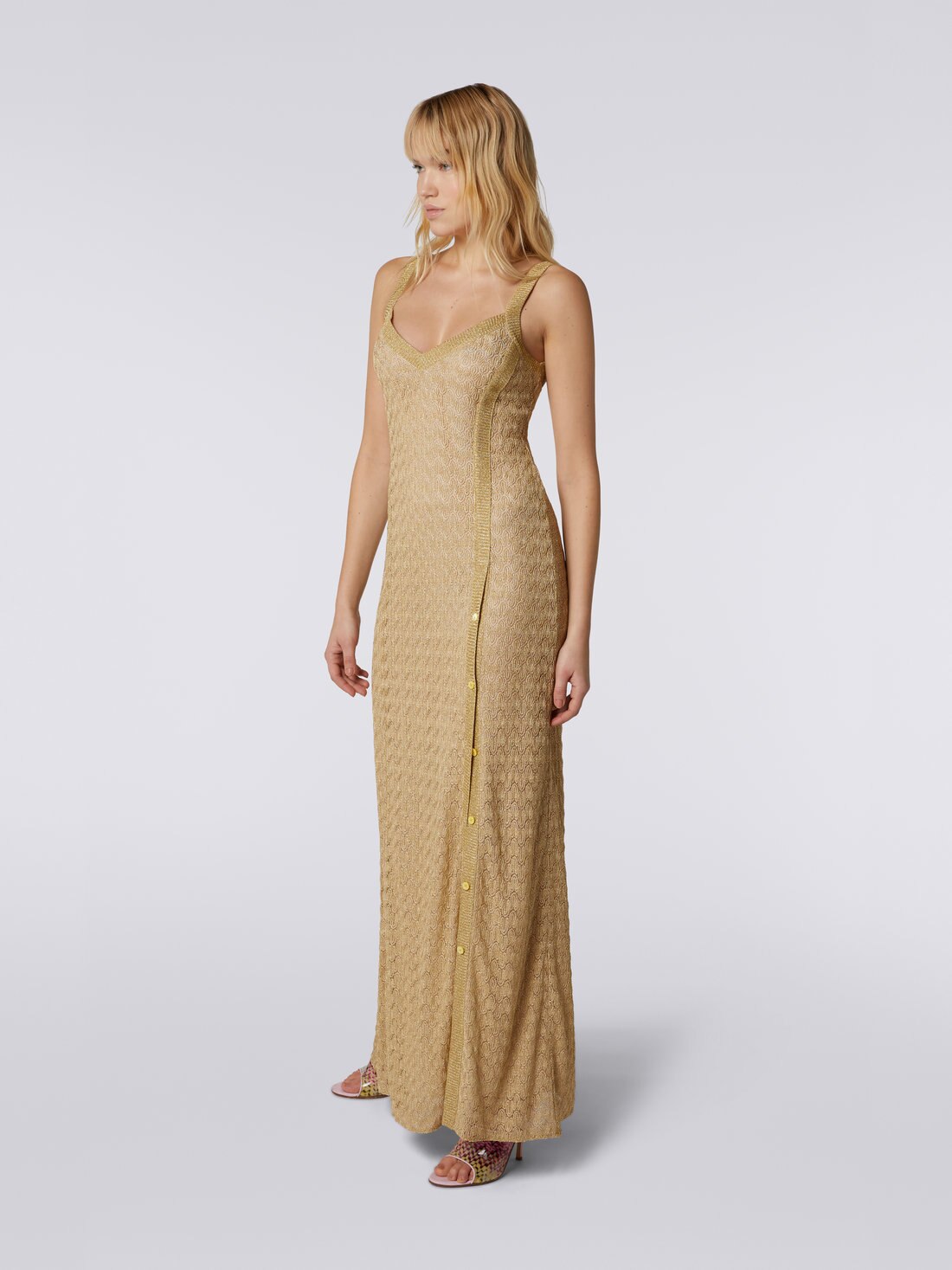 Long viscose blend lace dress with lamé, Ochre & Yellow Lamé - DS23SG3TBR00JVS109F - 2