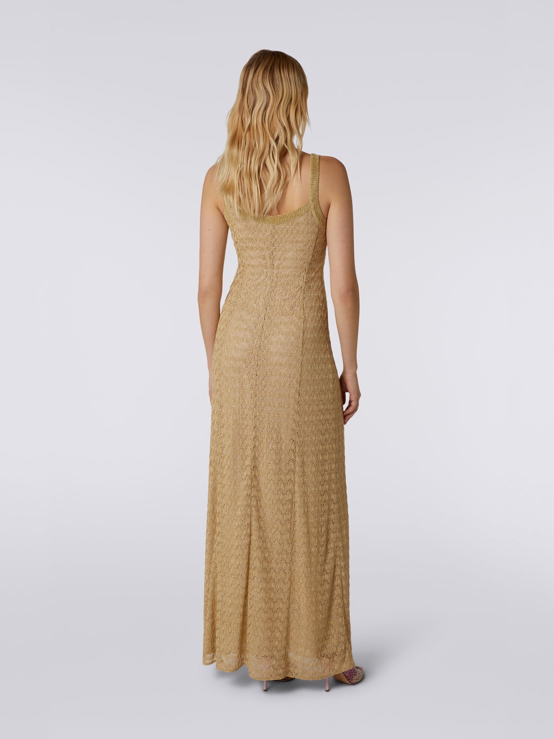 Long viscose blend lace dress with lamé, Ochre & Yellow Lamé - DS23SG3TBR00JVS109F - 3