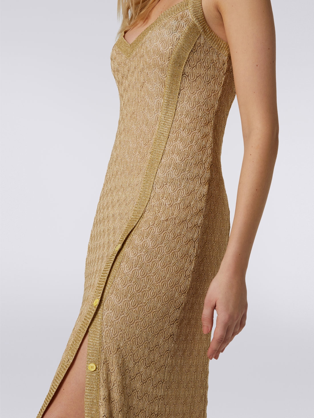 Long viscose blend lace dress with lamé, Ochre & Yellow Lamé - DS23SG3TBR00JVS109F - 4