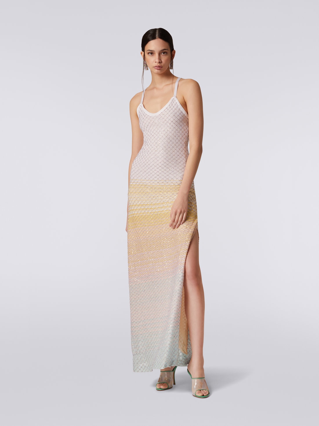 Long net dress with dégradé pattern and sequins, Multicoloured - DS23SG4LBK022ISM8NI - 1