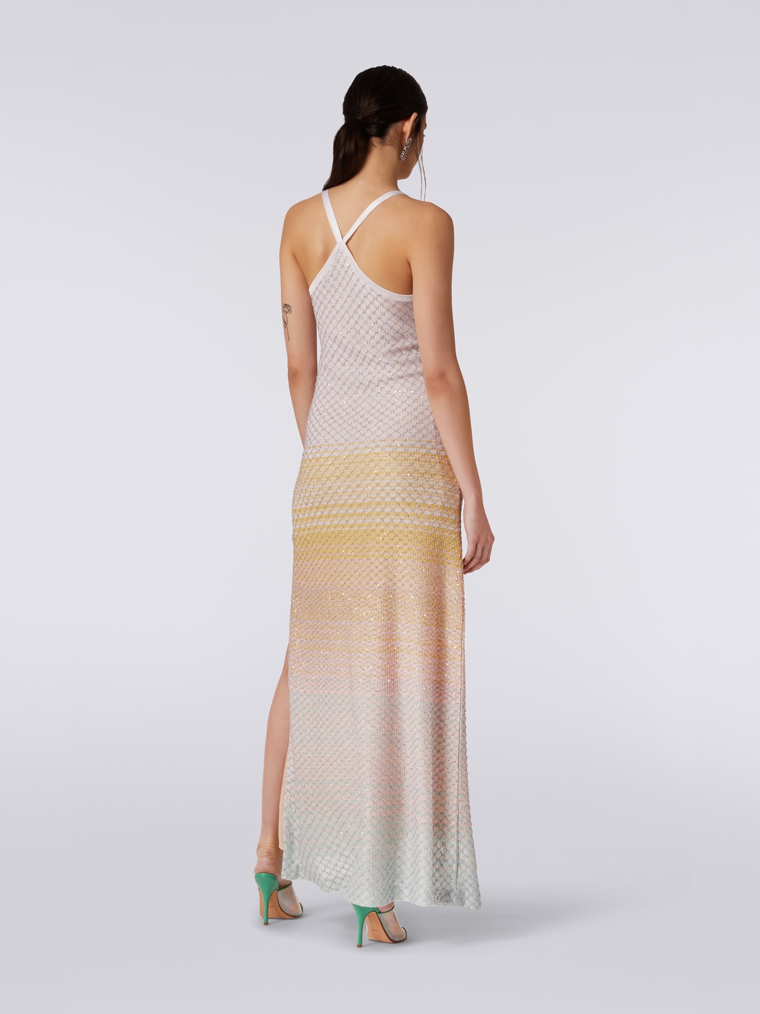 Long net dress with dégradé pattern and sequins, Multicoloured - DS23SG4LBK022ISM8NI - 3
