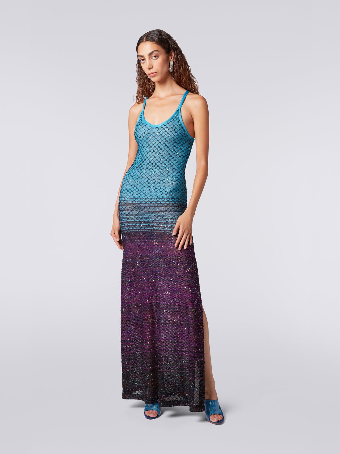 Long net dress with dégradé pattern and sequins, Turquoise, Purple & Black - DS23SG4LBK022ISM8NJ - 1