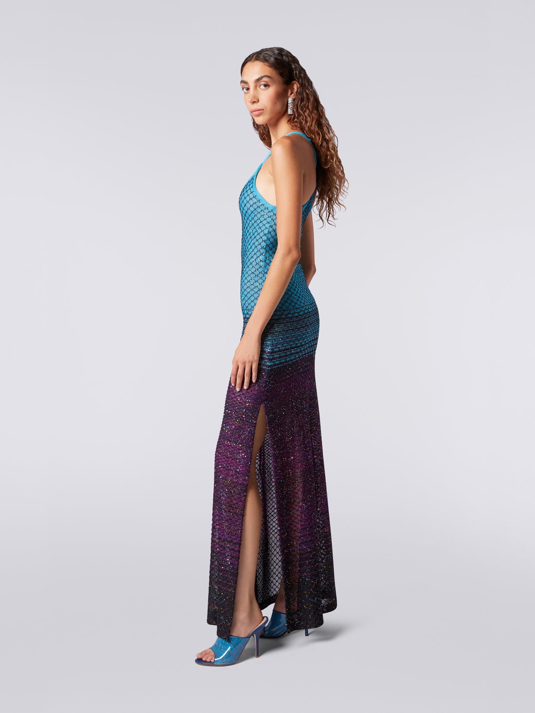 Long net dress with dégradé pattern and sequins, Turquoise, Purple & Black - DS23SG4LBK022ISM8NJ - 2