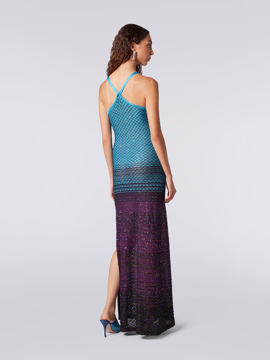 Long net dress with dégradé pattern and sequins, Turquoise, Purple & Black - DS23SG4LBK022ISM8NJ - 3