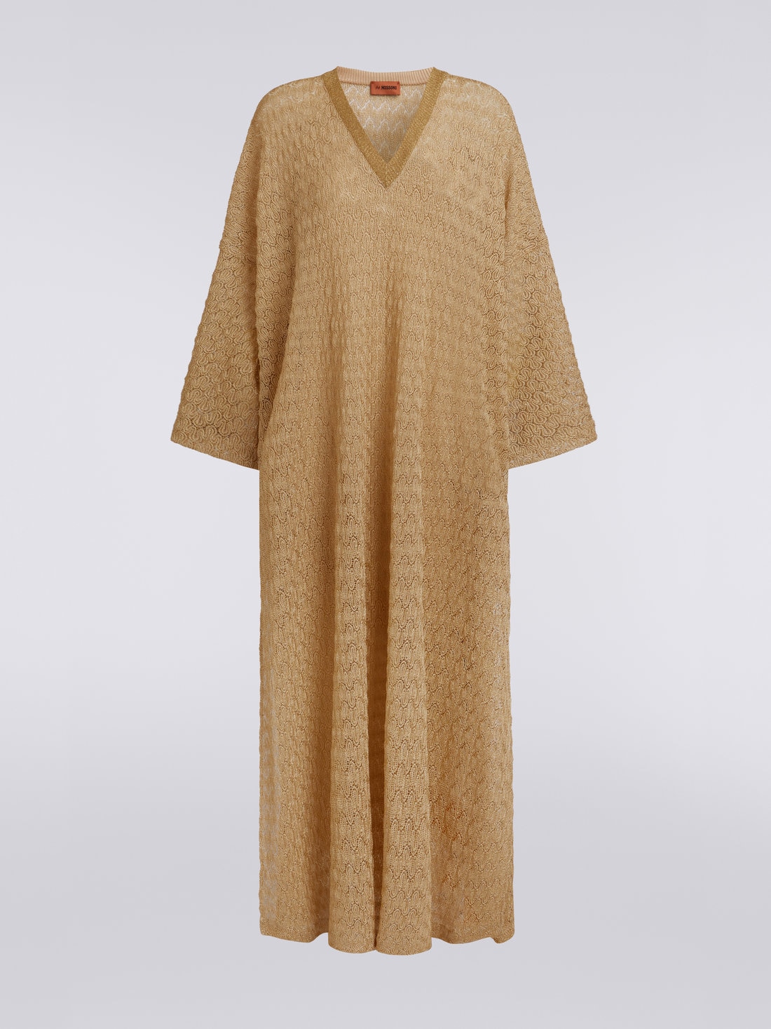 Long lace-effect kaftan with lamé, Ochre & Yellow Lamé - DS23SG5ABR00JVS109F - 0