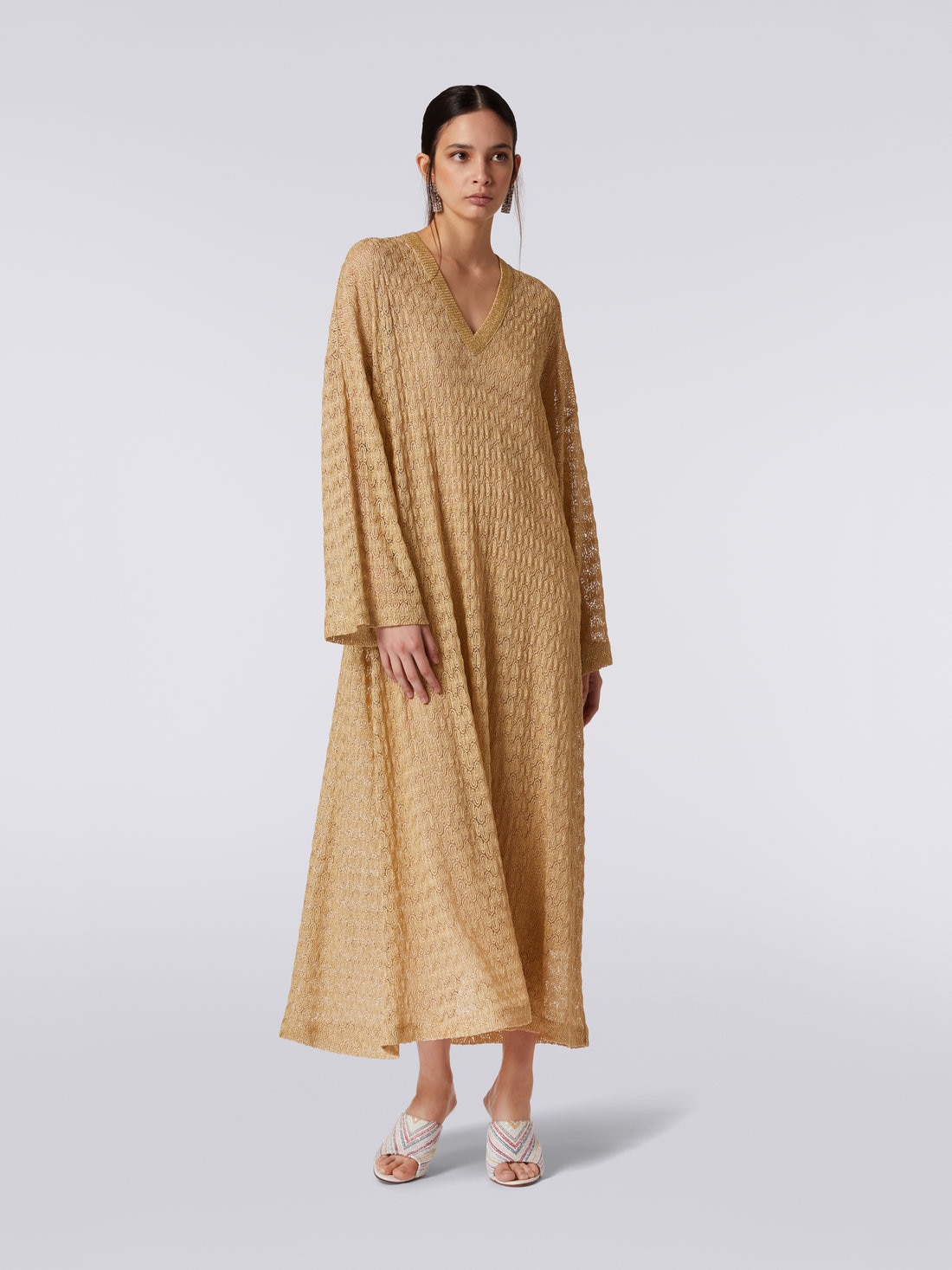 Long lace-effect kaftan with lamé, Ochre & Yellow Lamé - DS23SG5ABR00JVS109F - 1