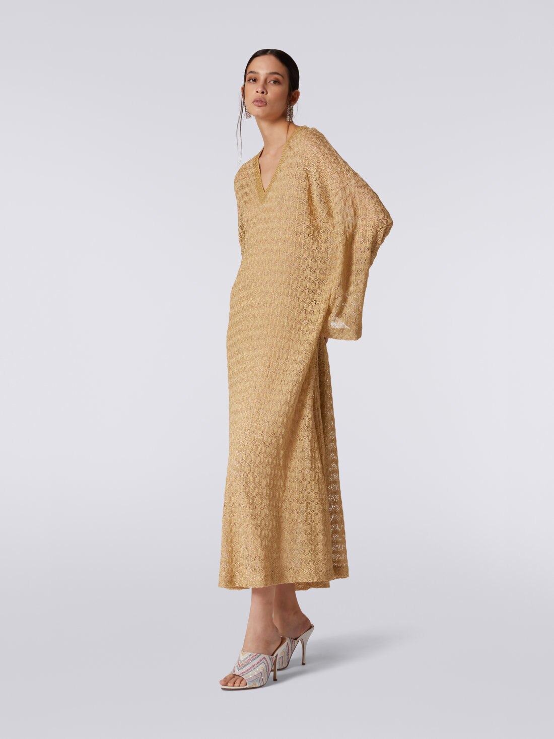 Long lace-effect kaftan with lamé, Ochre & Yellow Lamé - DS23SG5ABR00JVS109F - 2