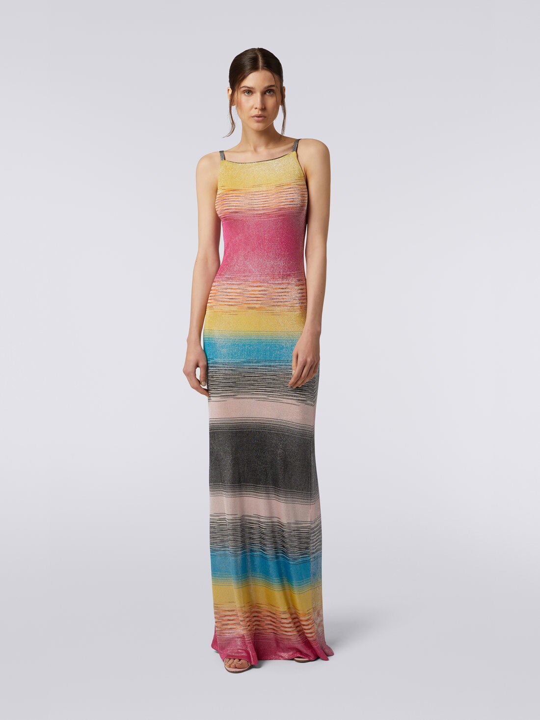 Langes Kleid aus mehrfarbiger Viskose in Flammgarnoptik mit schimmerndem Finish, Mehrfarbig  - 8051575743740 - 1
