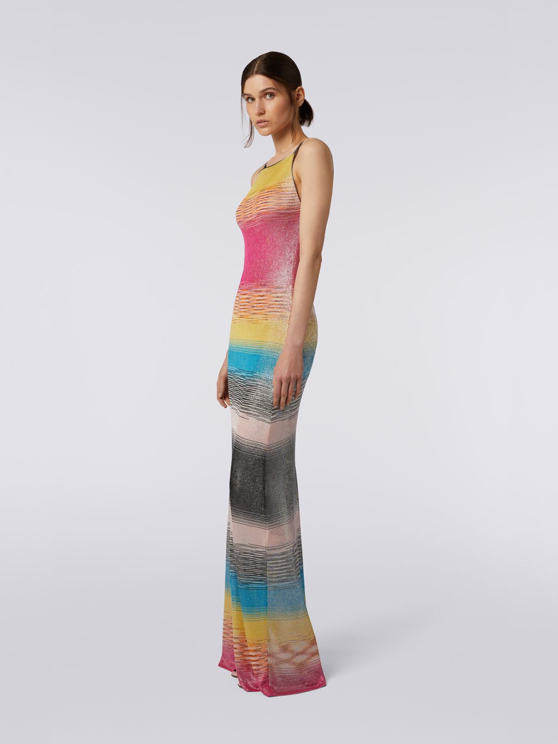 Langes Kleid aus mehrfarbiger Viskose in Flammgarnoptik mit schimmerndem Finish, Mehrfarbig  - 8051575743740 - 2