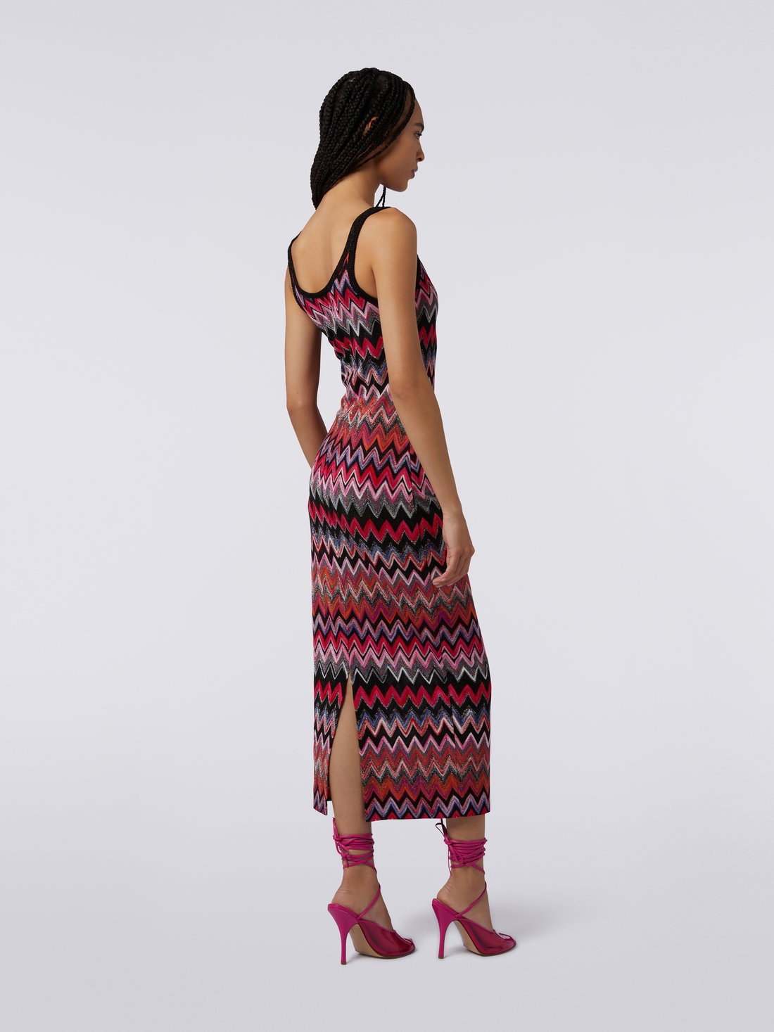 Vestido largo en mezcla de viscosa a espigas con lamé, Negro & Rosa - 8051575794445 - 3