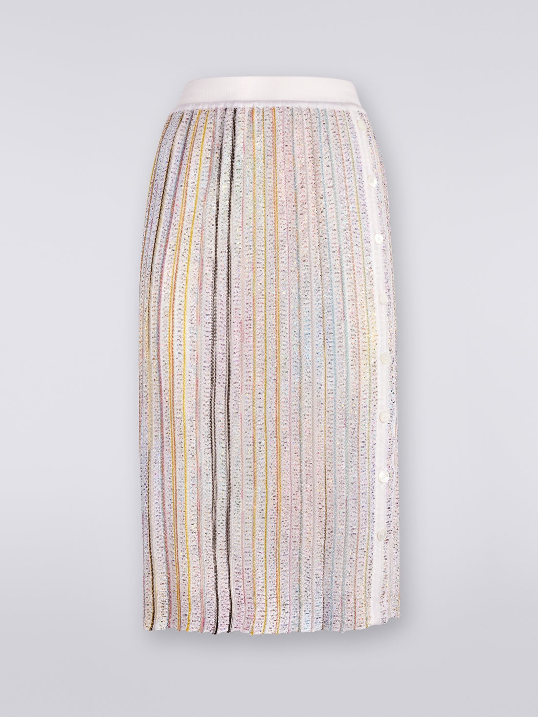 Longuette skirt with side buttoning, White & Multicoloured   - DS23SH0CBK021NS0178 - 0